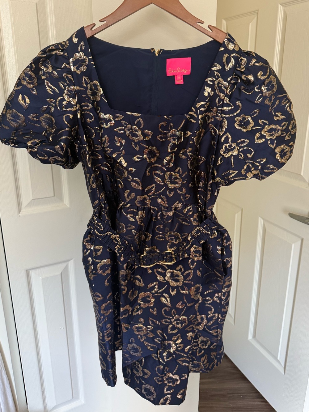Lilly Pulitzer Navy and Gold Puff-Sleeve Mini Dress